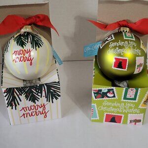 Coton Colors Laura Johnson Glass Ornaments - “Merry Merry” & "Christmas Stamps"